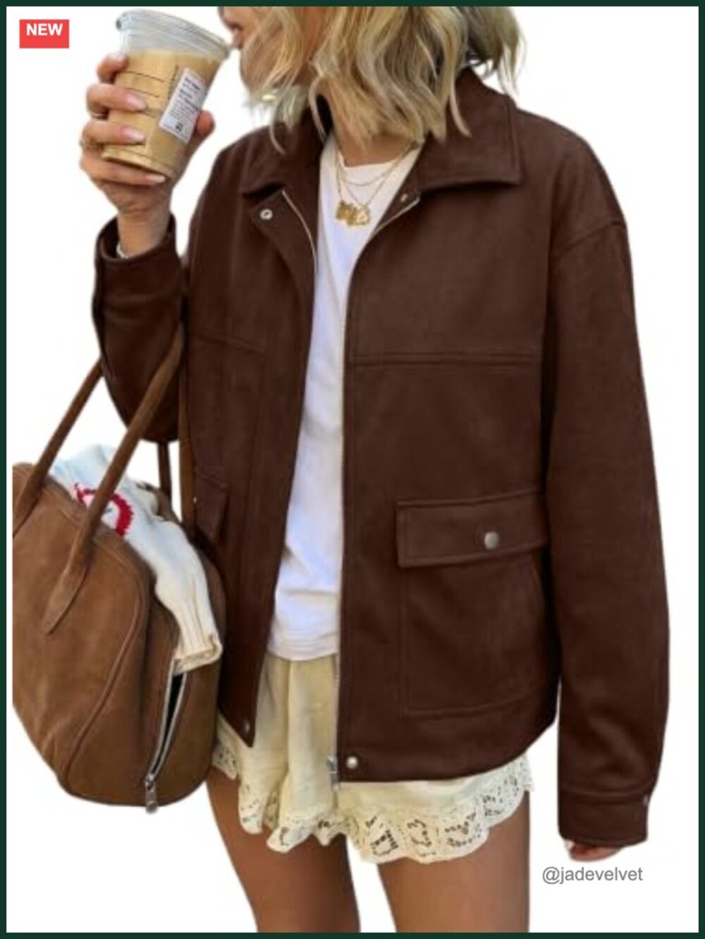 Faux Suede Bomber Jacket Women Loose Fit Zip Closure Oversized Fall Winter Coat